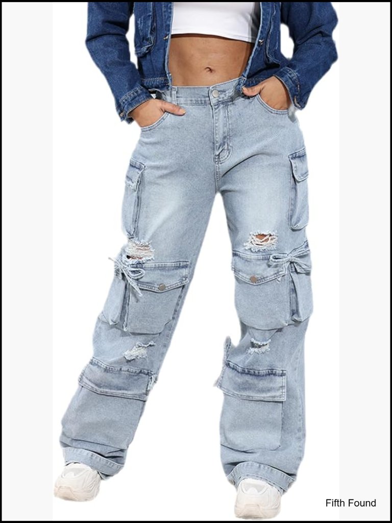High Waist Baggy Jeans Flap Pocket Cargo Pants Loose Denim Streetwear Y2k